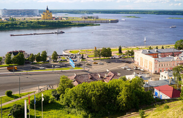 Panorama of Nizhny Novgorod. Strelka - the confluence of the Volga and Oka. View of Blagoveshchenskaya Square, Alexander Nevsky Cathedral and the new stadium - 523765638