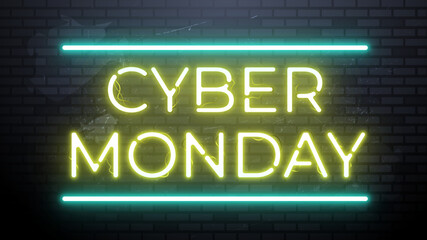 Obraz premium Neon Sign Cyber Monday Sale banner for social media stories sale, web page, mobile phone, glowing lettering sign for online discount promotion