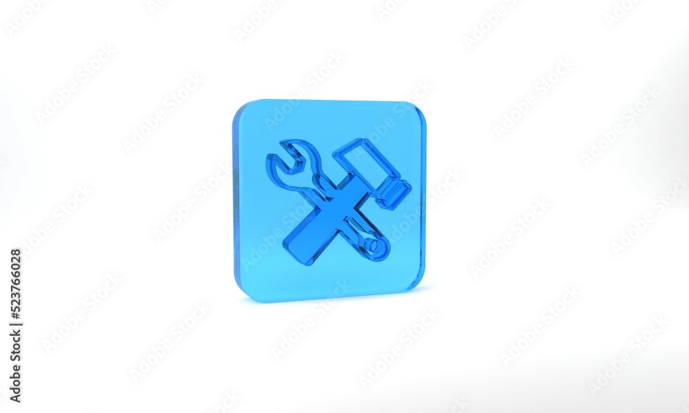 Poster blue crossed hammer and wrench spanner icon isolated on grey background. hardware tools. glass squar