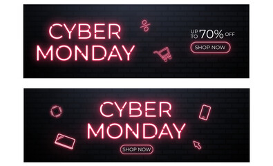 Neon Sign Cyber Monday Sale banner red color for social media stories sale, web page, mobile phone. template design special offer, up to 70% off