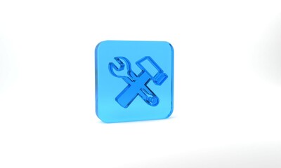 Blue Crossed hammer and wrench spanner icon isolated on grey background. Hardware tools. Glass square button. 3d illustration 3D render