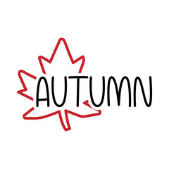 Logotipo con texto manuscrito Autumn con silueta de hoja de arce lineal en color rojo y negro