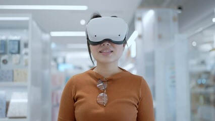 Virtual reality new online shopping technology upcoming trend experience asian female enjoy virtual world department store online while wear headset vr goggle display real superstore mall technology