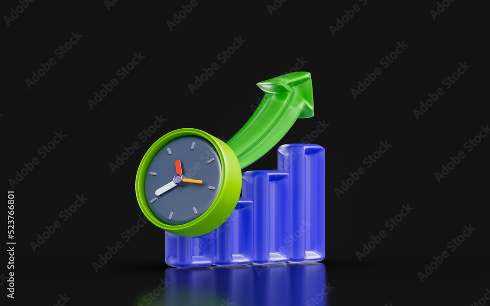 Poster business chart up arrow sing with clock on dark background 3d render concept for time to market
