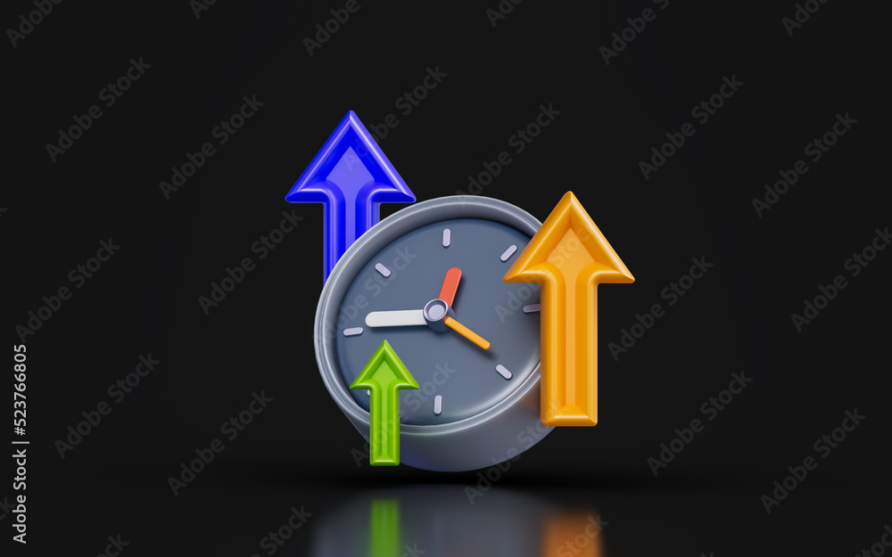 Poster clock sign with up arrow on dark background 3d render concept for process improvement