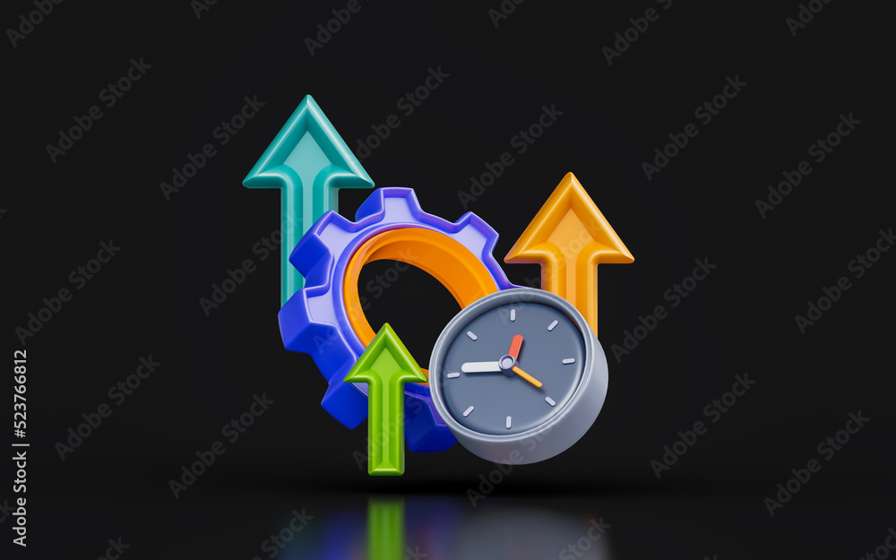 Poster gear sign with up arrow clock on dark background 3d render concept for productivity