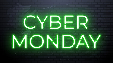 Obraz premium Neon Sign Cyber Monday Sale banner green color for social media stories sale, web page, mobile phone. template design special offer, glowing lettering sign for online discount promotion