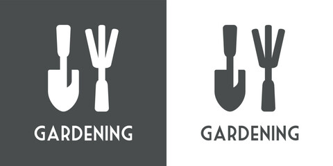 Fototapeta premium Herramientas de jardín. Conjunto de herramientas agrícolas para el jardín y la huerta: rastrillo y pala. Logotipo con texto Gardening en fondo gris y fondo blanco