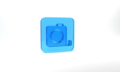 Blue Roulette construction icon isolated on grey background. Tape measure symbol. Glass square button. 3d illustration 3D render