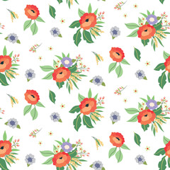 Seamless floral pattern, cute ditsy print with hand drawn decorative plants on white surface. Pretty botanical background design with red flowers, small wild flowers, various leaves. Vector.