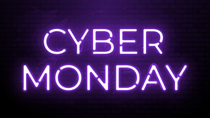 Obraz premium Neon Sign Cyber Monday Sale banner for social media stories sale, web page, mobile phone. template design special offer, glowing lettering sign for online discount promotion