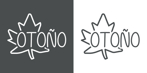 Logotipo con texto manuscrito Otoño en español con silueta de hoja de arce lineal en fondo gris y fondo blanco