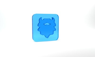 Blue Mustache and beard icon isolated on grey background. Barbershop symbol. Facial hair style. Glass square button. 3d illustration 3D render