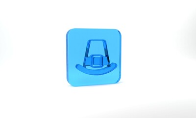 Blue Leprechaun hat icon isolated on grey background. Happy Saint Patricks day. National Irish holiday. Glass square button. 3d illustration 3D render