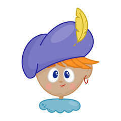 Happy cute Piet character. Vector illustration stickers of boy roetpiet, helper of Saint Nicholas. Dutch kids holiday character, roetveegpiet or schoorsteenpiet accompanies Sinterklaas