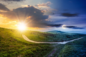 day and night time change in mountains. carpathian landscape in summer. dirt road and hiking trail...