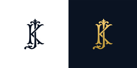 Decorative Vintage Initial letters JK monogram. Suitable for tattoo studio, salon, boutique, hotel, college, retro, interlock style - obrazy, fototapety, plakaty