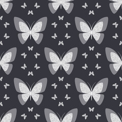 Fototapeta na wymiar White trensparent butterflies on black background seamless pattern. Best for textile, wallpapers, wrapping paper, package and home decoration.