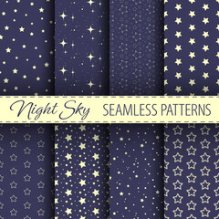Night sky vector seamless patterns collection. Ivory stars on dark blue background. Best for textile, print, wrapping paper, package and home decoration.