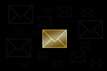 Goldener Briefumschlag mit vielen weiteren dunklen Briefumschlägen auf einem schwarzen Hintergrund