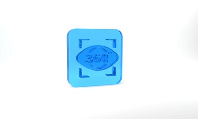 Blue 360 degree view icon isolated on grey background. Virtual reality. Angle 360 degree camera. Panorama photo. Glass square button. 3d illustration 3D render