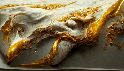 liquid shiny gold on light marble surface, abstract background, 3d render, 3d illustration