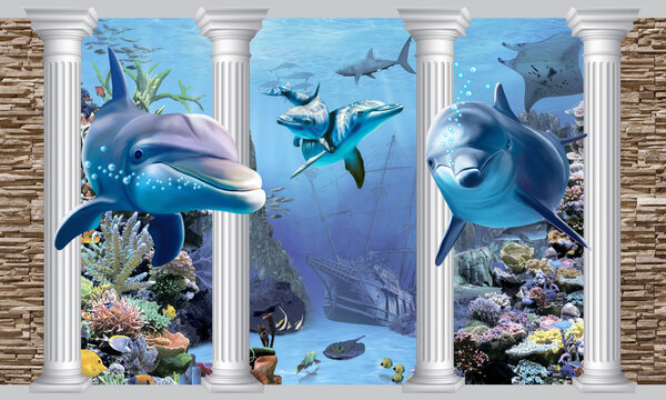 3d image. Underwater world of a sunken sailboat with dolphins. 3d photo wallpapers.