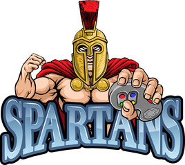 A Spartan, Trojan or gladiator warrior gamer mascot with video games controller 