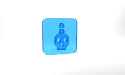 Blue Burning candle on a skull icon isolated on grey background. Day of dead. Glass square button. 3d illustration 3D render