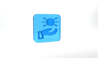Blue Ball levitating above hand icon isolated on grey background. Levitation symbol. Glass square button. 3d illustration 3D render