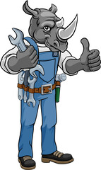A rhino cartoon animal mascot plumber, mechanic or handyman builder construction maintenance contractor holding a spanner or wrench and giving a thumbs up

