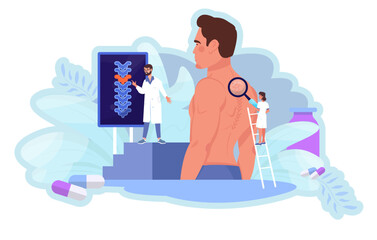 Osteopathy concept. Man with spine pain at the osteopathic session. X-ray screening. Doctor is examining patient's spine. Back pain. Physician appointment. Giant patiens and tiny doctors.