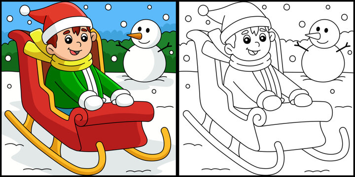 Christmas Boy Riding On Sleigh Coloring Page 
