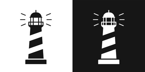 Illuminating lighthouse vector sign. Maritime light emitting lighthouse tower, navigation symbol, beacon logo isolated on black and white background