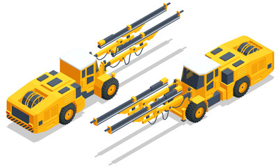 Isometric tunneling drilling rigs, self-propelled drilling rigs. Bucket-wheel excavator, heavy equipment used in surface mining. Mining quarry, mine