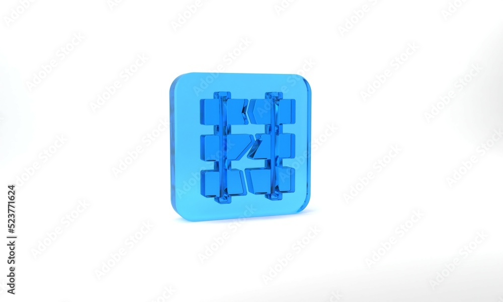 Poster blue broken or cracked rails on a railway icon isolated on grey background. glass square button. 3d 
