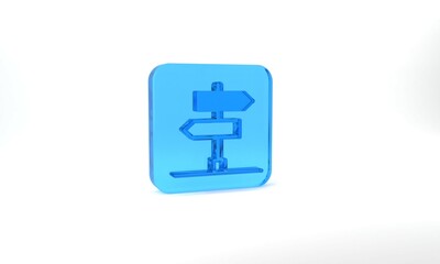 Blue Road traffic sign. Signpost icon isolated on grey background. Pointer symbol. Isolated street information sign. Direction sign. Glass square button. 3d illustration 3D render
