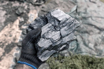 Piece of coal in a man's hand on a blurred background. Energy and fuel industry. The miner shows...