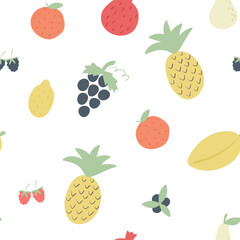 Fruits and berries simple seamless pattern. Exotic tropical background. Print summer fruit vector illustration. Template with organic food