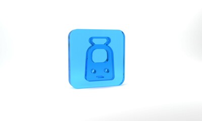 Blue Train and railway icon isolated on grey background. Public transportation symbol. Subway train transport. Metro underground. Glass square button. 3d illustration 3D render