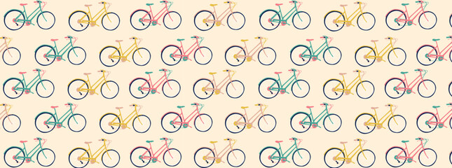 Seamless pattern of bikes. Bikes in different colors. Seamless pattern swatch. Yellow, green and pink bikes. Pattern of classical bikes. - obrazy, fototapety, plakaty