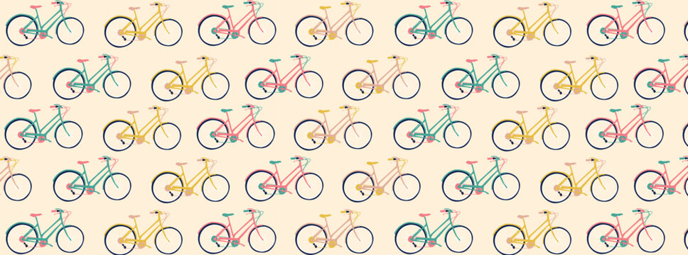 Seamless pattern of bikes. Bikes in different colors. Seamless pattern swatch. Yellow, green and pink bikes. Pattern of classical bikes.