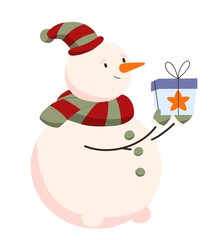 Cute snowman present Christmas gift. Happy snow man in cap and scarf with Xmas box in hands. Funny winter holiday character with surprise. Flat illustration isolated on white background
