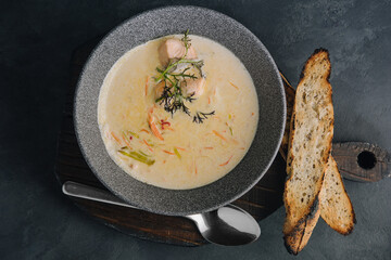 Salmon soup. creamy hearty salmon fish soup