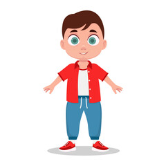 Cute boy in a red jacket, smiling. Vector illustration