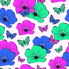 Floral colorful seamless pattern. Flax flower pink, green and blue. Butterfly. Prints, packaging template, textiles, bedding and wallpaper. Groovy.