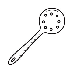 Outline kitchen slotted spoon doodle. Hand drawn silhouette of kitchenware element. Cooking tool vector item isolated on white. Black line cookware