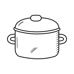 Outline kitchen pan doodle. Hand drawn silhouette of kitchenware element. Cooking tool vector item isolated on white. Black line cookware