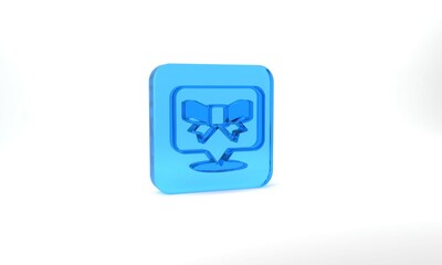 Blue Gift bow icon isolated on grey background. Glass square button. 3d illustration 3D render