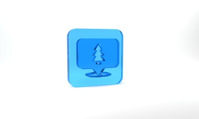 Blue Christmas tree icon isolated on grey background. Merry Christmas and Happy New Year. Glass square button. 3d illustration 3D render